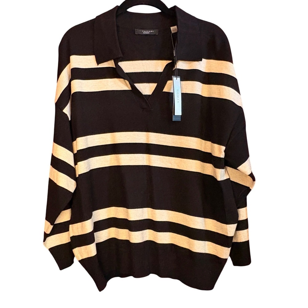 Tahari Woman Black Cream Striped Polo Collar V-Neck Knit Sweater Long Sleeve NEW